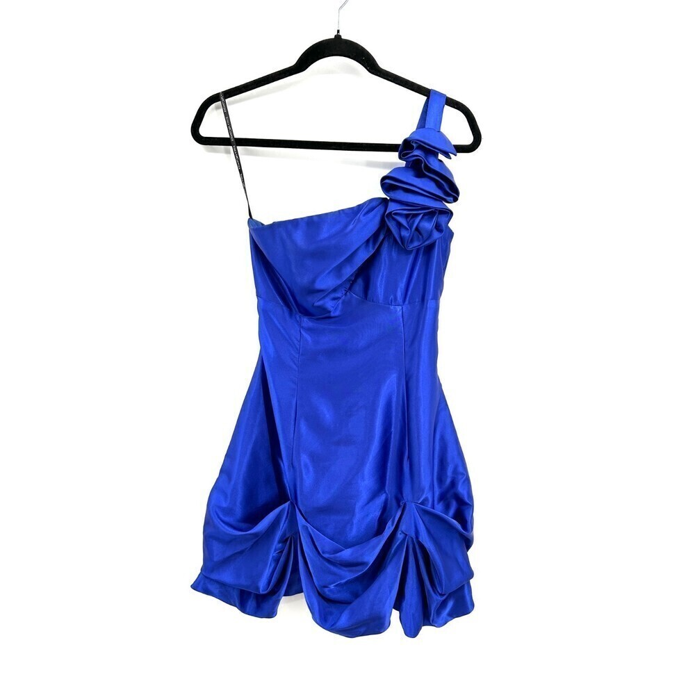 JESSICA MCCLINTOCK X GUNNE SAX Cobalt Blue One Shoulder Draped Mini Dress Size 5